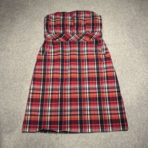Vineyard Vines Strapless Mini Dress Womens 4 Red Tartan Plaid Pockets Pencil